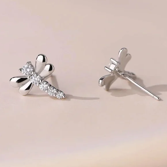 925 Sterling Silver Rhinestone Dragonfly Stud Earrings - Picture 3 of 4